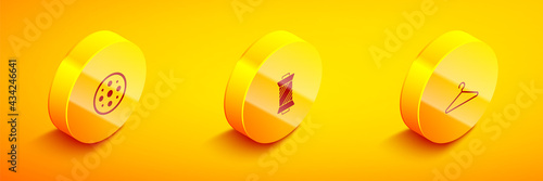 Set Isometric Sewing button, thread spool and Hanger wardrobe icon. Vector
