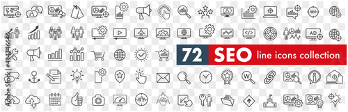 Website stats, Target and Increase sales signs. Seo line icons. Traffic management, social network and seo optimization icons. Gear wheel, Search engine and increase mobile sales. Vector