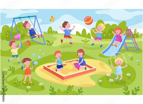 Happy children play in the park. Vector illustration in cartoon style.