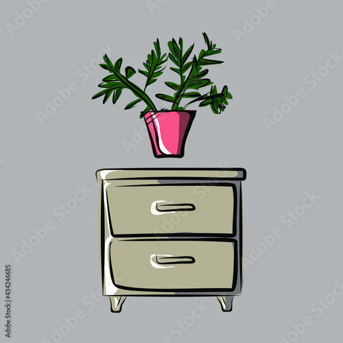 Living room, bedroom, chest of drawers, storage of things, a flower in a pot. Organization of space, interior, comfort, furniture. Isolated vector objects.