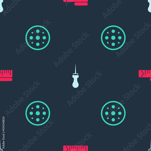 Set Tape measure, Awl tool and Sewing button on seamless pattern. Vector