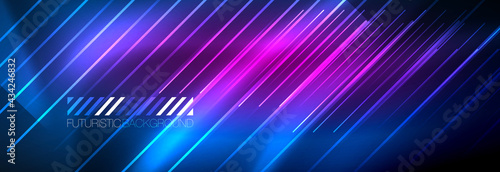 Neon glowing lines, magic energy and light motion background. Vector wallpaper template