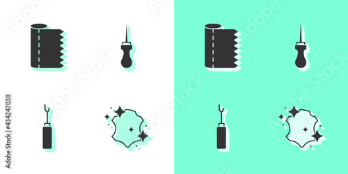 Set Leather, Textile fabric roll, Awl tool and icon. Vector
