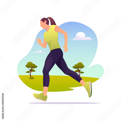 Illustration vector graphic of Female character jogging. He runs, does fitness workouts.