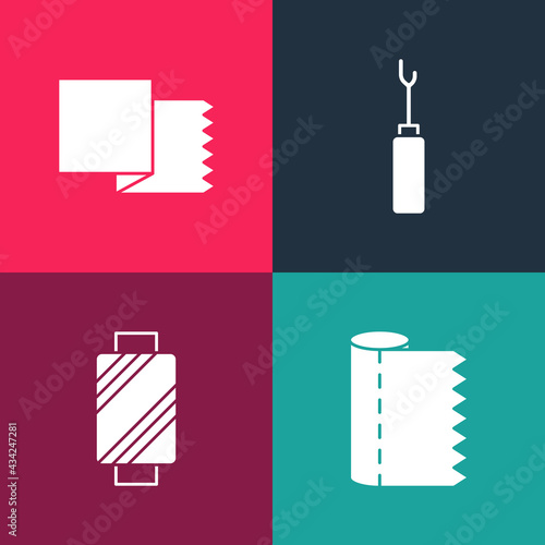 Set pop art Textile fabric roll, Sewing thread on spool, Awl tool and icon. Vector