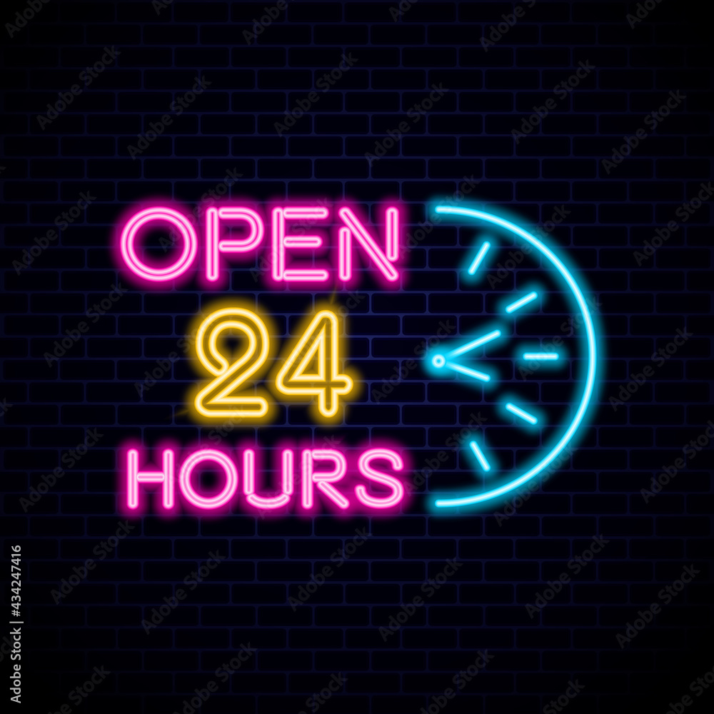 Neon sign Open 24/7 light vector background. Realistic glowing shining design element in arrow frame for 24 Hours Club, Bar, Cafe Neon sign Open 24/7 light vector background. Realistic glowing shining design element in arrow frame for 24 Hours Club, Bar, Cafe
