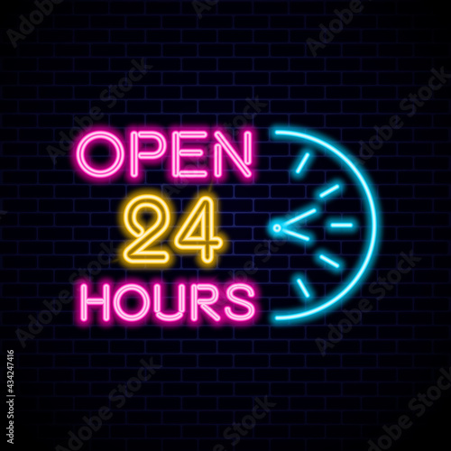 Neon sign Open 24/7 light vector background. Realistic glowing shining design element in arrow frame for 24 Hours Club, Bar, Cafe