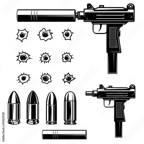Leinwand Poster Set of uzi submachine gun, bullets, bullet holes, mufflers