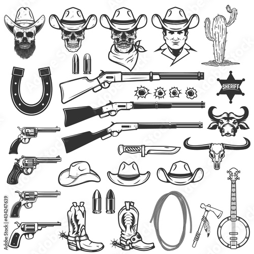 Wild West design elements. Cowboy weapon, hat, boots, lasso, cowboy skull. Design element for logo, label, sign, emblem. Vector illustration