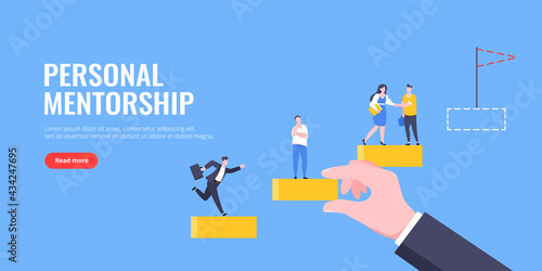 Business mentor helps to improve career and holding stairs steps vector illustration. Mentorship, upskills and self development strategy flat style design business concept.