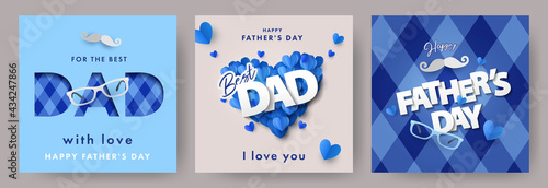 Set of Father's Day greeting cards in modern paper cut style. Fathers Day holiday illustration for greeting banner, fashion ads, poster, flyer, social media, promotion and sale