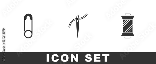 Set Safety pin, Needle with thread and Sewing on spool icon. Vector