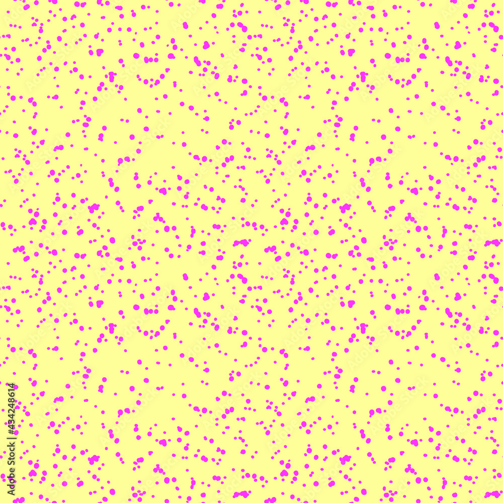 Artistic splash vector seamless pattern. Abstract spray texture or background. Yellow paint spots, dots on pink backdrop