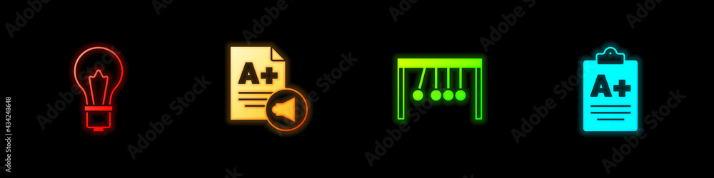 Obraz premium Set Light bulb with idea, Exam sheet A plus grade, Pendulum and icon. Vector
