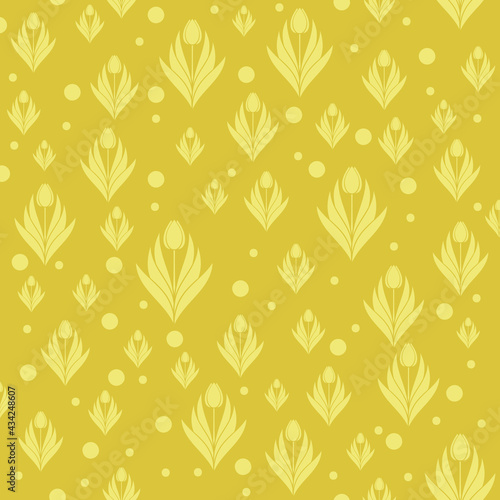 Seamless pattern with a pattern of the silhouette of tulips and leaves. Design in gold and yellow for printing, packaging, fabric. Damascus styling. Vector