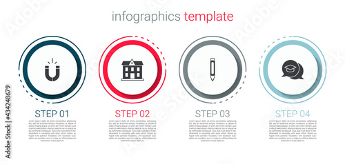 Set Magnet, School building, Marker pen and Graduation cap speech bubble. Business infographic template. Vector