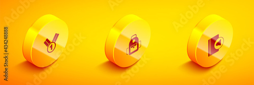 Set Isometric Medal, School backpack and Audio book icon. Vector