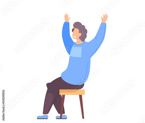 Man celebrates something. Happy guy excited by success. Male character with his arms raised up. Celebration, cartoon sitting surprised man winner makes joyful gesture with his hands side view