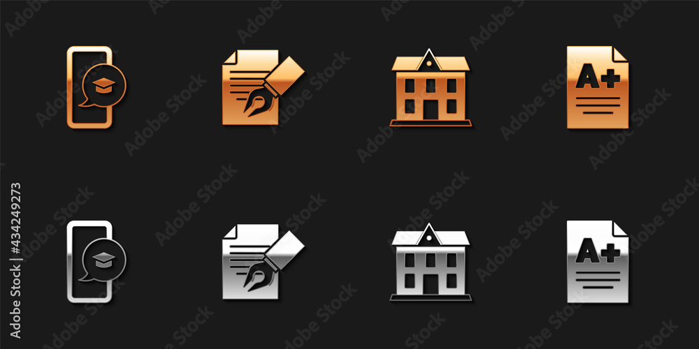 Set Graduation cap on mobile, Exam sheet and pencil, School building and with A plus grade icon. Vector Set Graduation cap on mobile, Exam sheet and pencil, School building and with A plus grade icon. Vector