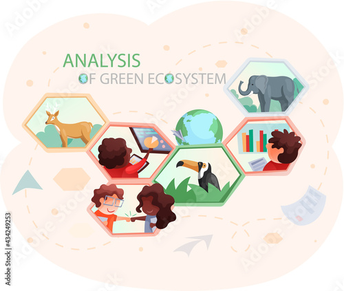 Take care of planet. Nature and ecology modern graphic design poster. People analyze green ecosystem of planet. Teamwork with ecological and environmental theme. Employees conduct nature research