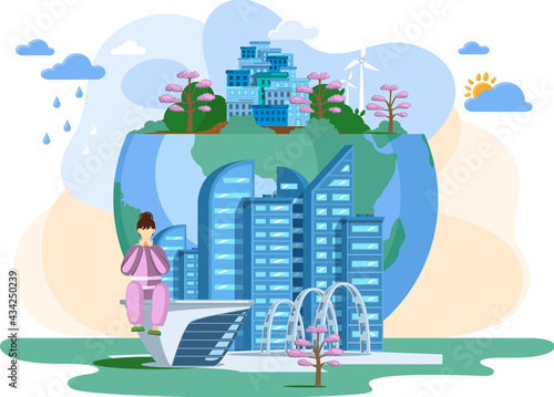 Woman sitting near globe with windmills analysing worldwide situation, worried about global warming and nature pollution problem because of increase territory of cities. Girl care of environment