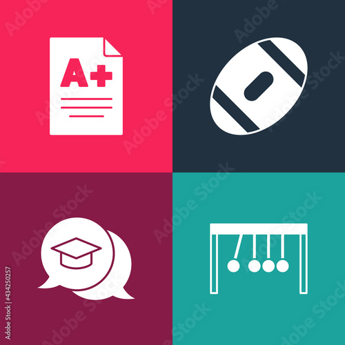 Set pop art Pendulum, Graduation cap in speech bubble, American Football ball and Exam sheet with plus grade icon. Vector