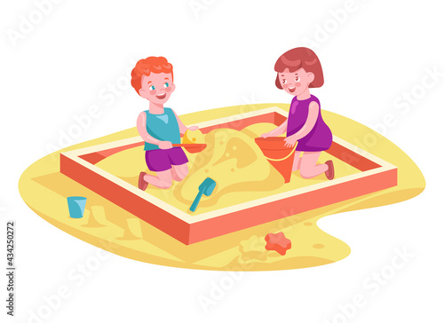 Happy children play in the sandbox. Vector illustration in cartoon style.