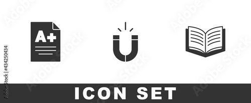 Set Exam sheet with A plus grade, Magnet and Open book icon. Vector