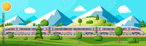 High Speed Train And Summer Landscape With Mountains. Super Streamlined Train. Passenger Express Railway Locomotive. Railroad Public Transportation. Rapid Transport Concept. Flat Vector Illustration