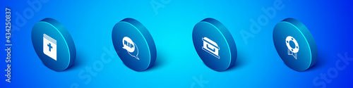Set Isometric Holy bible book, Coffin with cross, Memorial wreath and Speech bubble rip death icon. Vector