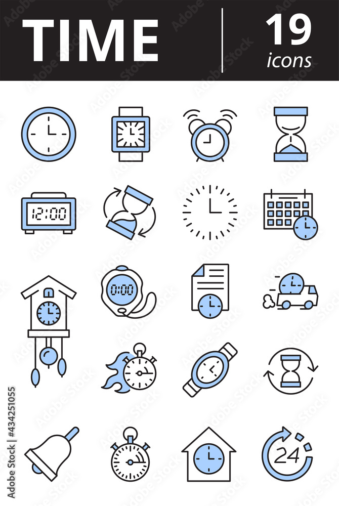 Time icon set. Outline icons collection in color. Simple linear vector illustration.