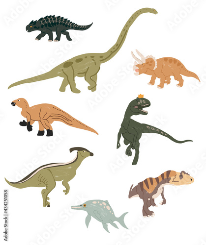 Set of funny vector flat dinosaurs in cartoon style. Illustration for children s encyclopedias and materials about dinosaurs. Ancient animals. Dinosaurs on a white background.