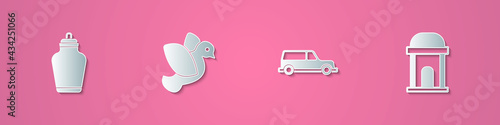 Set paper cut Funeral urn, Dove, Hearse car and Old crypt icon. Paper art style. Vector © Kostiantyn