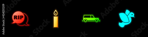 Set Speech bubble rip death, Burning candle, Hearse car and Dove icon. Vector