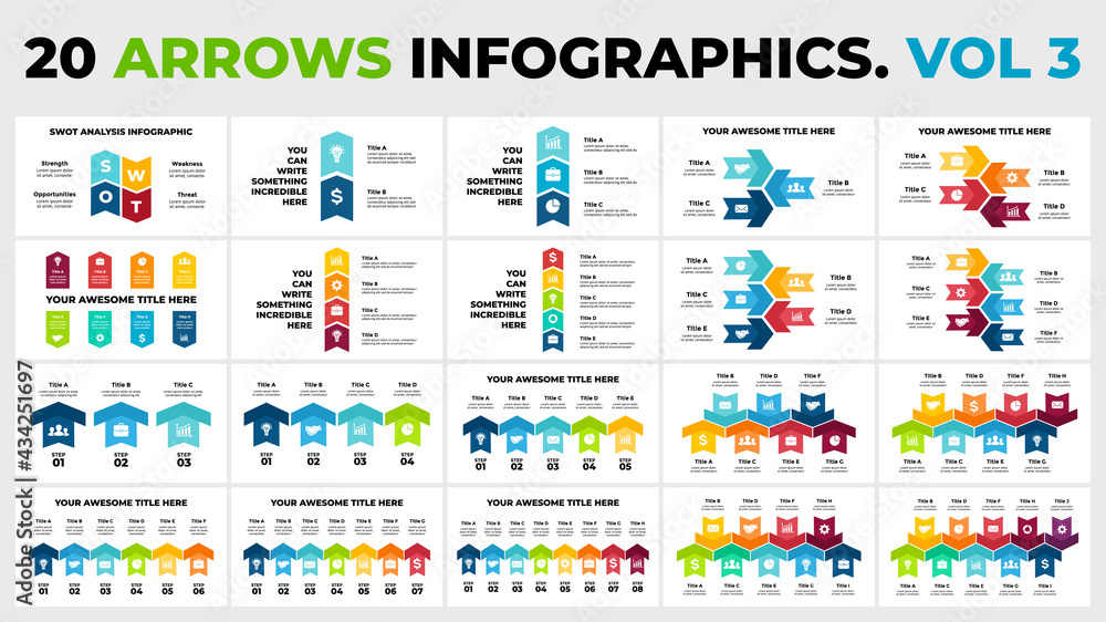 20 Arrows Vector Infographic. Part 3. Presentation slide templates. Chart diagram. SWOT analysis. 