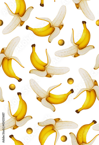 Seamless pattern with fruits. Tropical abstract background. Banana and yellow ball on white background.
