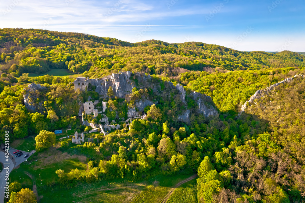 Kalnik mountain and fortress ruins aerial view,