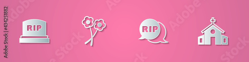 Set paper cut Tombstone with RIP written, Flower, Speech bubble rip death and Church building icon. Paper art style. Vector