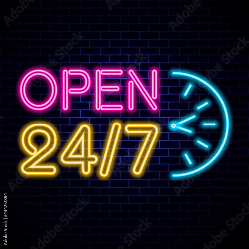 Neon sign Open 24/7 light vector background. Realistic glowing shining design element in arrow frame for 24 Hours Club, Bar, Cafe