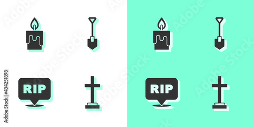 Set Grave with cross, Burning candle, Speech bubble rip death and Shovel icon. Vector