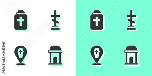 Set Old crypt, Funeral urn, Coffin with cross and Grave icon. Vector