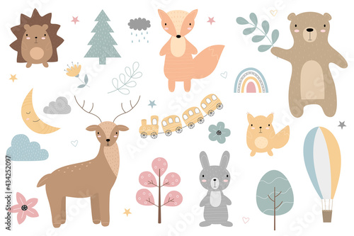 A set of cartoon cute animals for children's greeting card, poster, children's room, clothing, invitation. Vector illustration. Squirrel, deer, fox, rabbit, bear, hedgehog