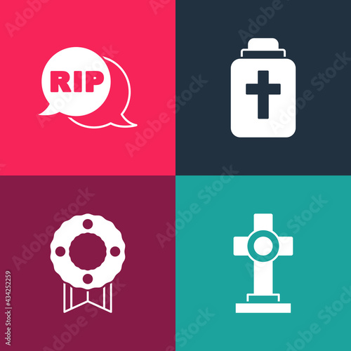 Set pop art Grave with cross, Memorial wreath, Funeral urn and Speech bubble rip death icon. Vector