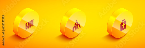 Set Isometric Holy bible book, Church building and Funeral urn icon. Vector