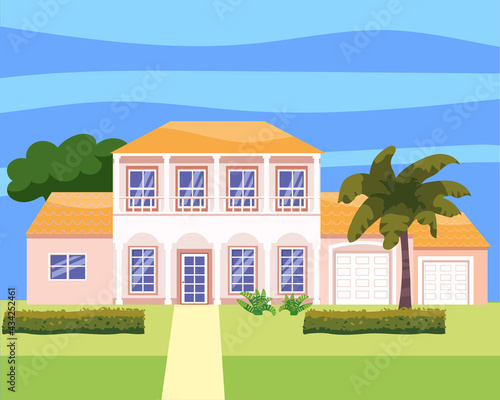 Residential Home Building in landscape tropic trees, palms. House exterior facades front view architecture family cottage house or mansion apartments, villa. Suburban property