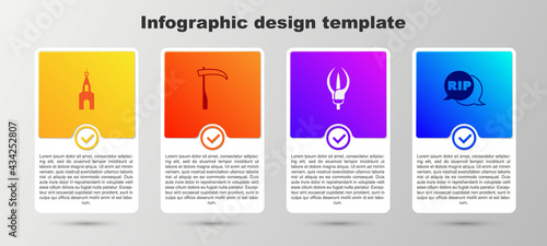 Set Church building, Scythe, Lily flower and Speech bubble rip death. Business infographic template. Vector