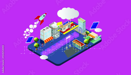 Rocket soars in the sky.The concept of digital information and communication must be fast, reliable.