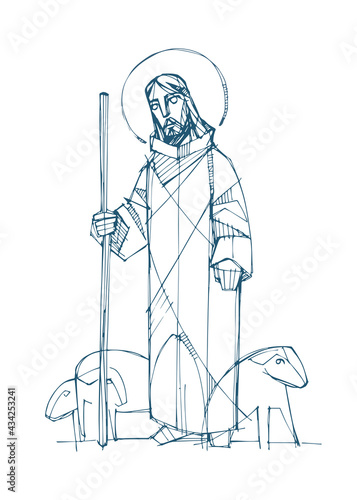 Jesus Christ Good Shepherd ink illustration