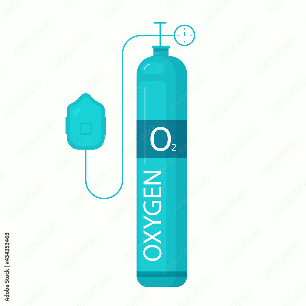 Medical Oxygen tank with face mask in style cartoon. Illustration isolated on white. In green colors Medical Oxygen tank with face mask in style cartoon. Illustration isolated on white. In green colors