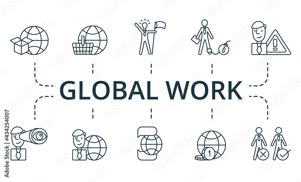 Global Work icon set. Collection contain pack of pixel perfect creative icons. Global Work elements set. Global Work icon set. Collection contain pack of pixel perfect creative icons. Global Work elements set.